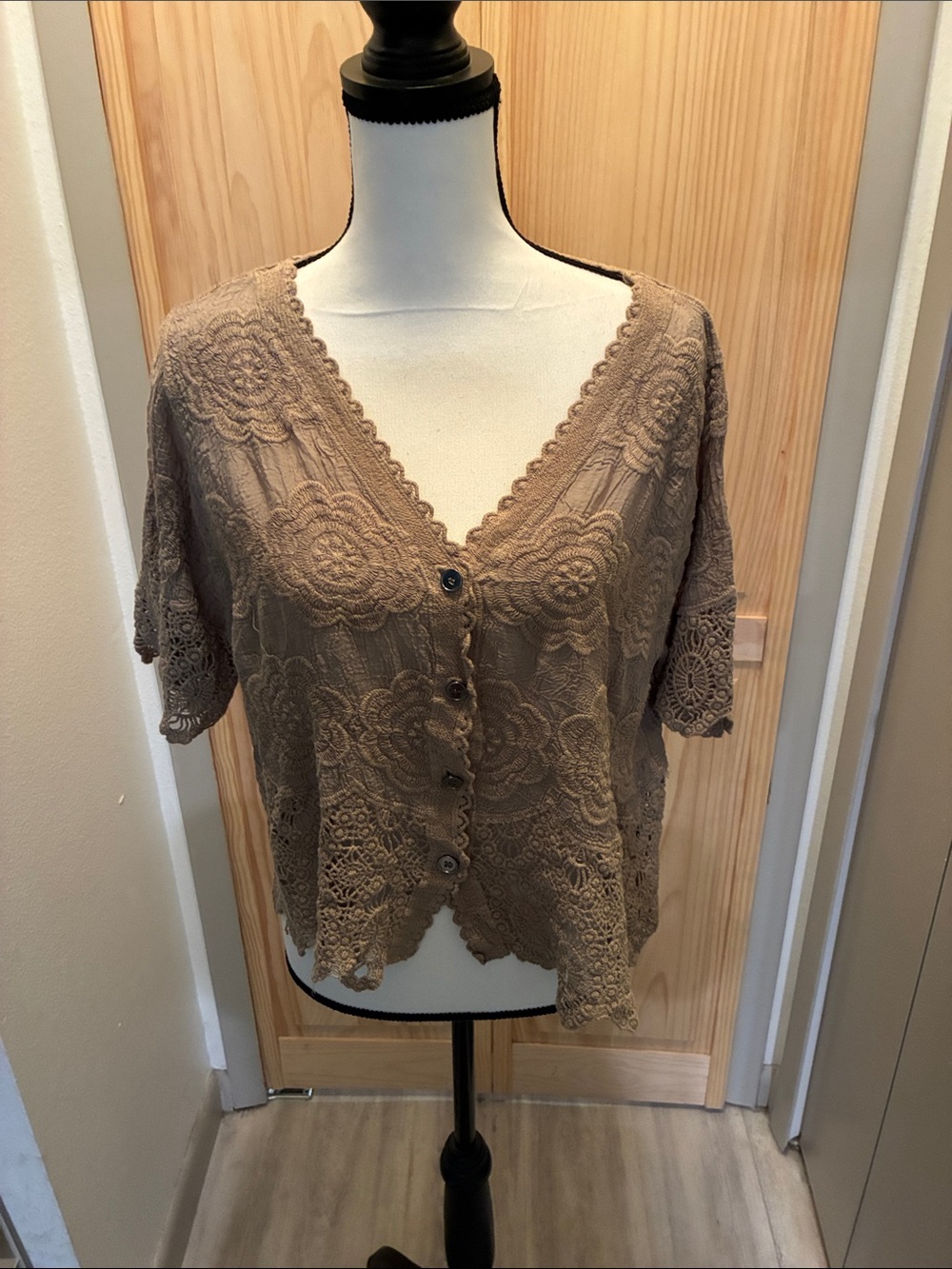 POL Crochet Lace Button-Down Top in Taupe